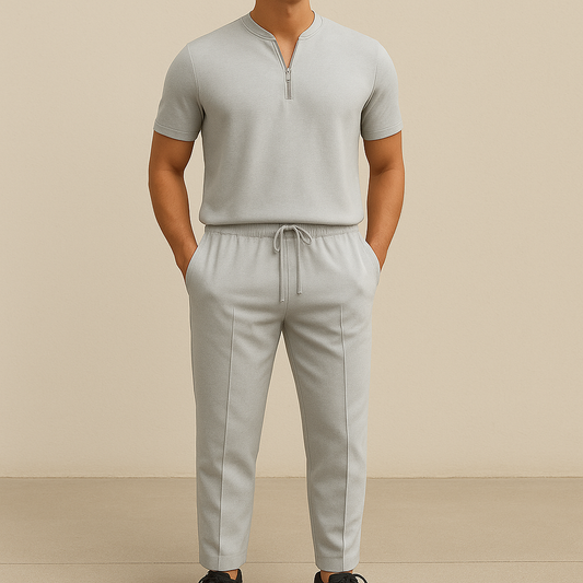 Men's Summer Waffle Collar Zipper Set